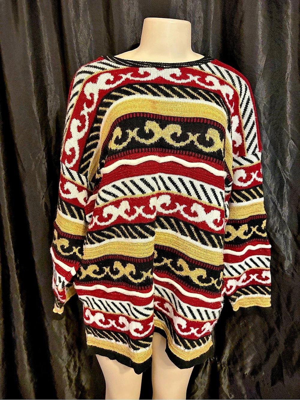 Vintage 90s Just For Women Geometric Knit Sweater in Black & Red